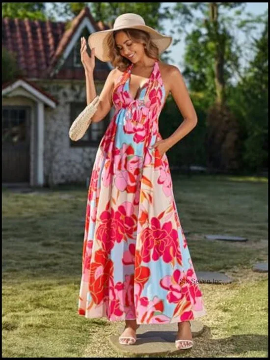 Polyester Elastane Maxi Sundress Halter Tie V Neck A Line with Pockets - Picture 3 of 5